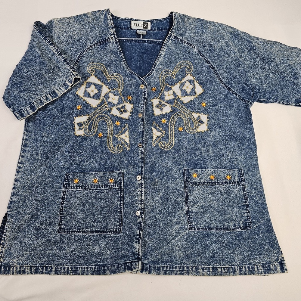 Vtg Acid Wash Jean Shirt Button Gold Bead & Jeweled Pockets Size 22 /‎ 24